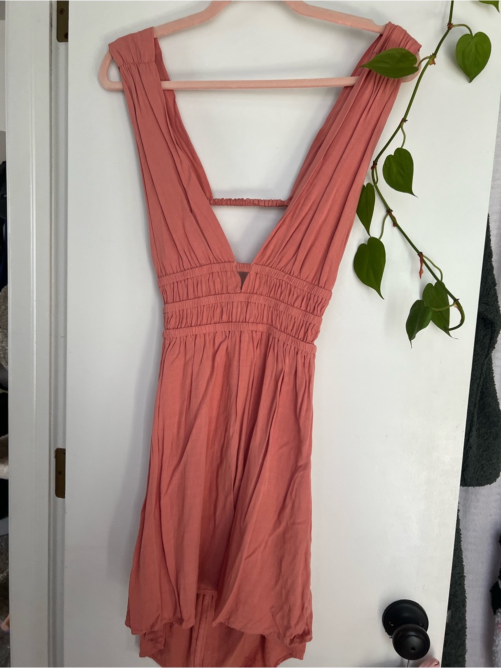 Forever 21 Women's Deep V Smocked Waist Slip Dress - Coral Pink